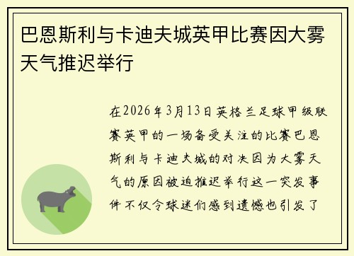 巴恩斯利与卡迪夫城英甲比赛因大雾天气推迟举行 巴恩斯利与卡迪夫城英甲比赛因大雾天气推迟举行