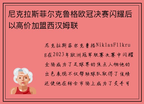 尼克拉斯菲尔克鲁格欧冠决赛闪耀后以高价加盟西汉姆联 尼克拉斯菲尔克鲁格欧冠决赛闪耀后以高价加盟西汉姆联