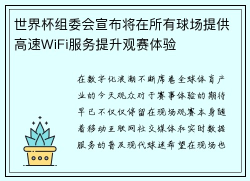 世界杯组委会宣布将在所有球场提供高速WiFi服务提升观赛体验