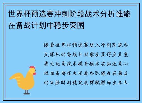 世界杯预选赛冲刺阶段战术分析谁能在备战计划中稳步突围